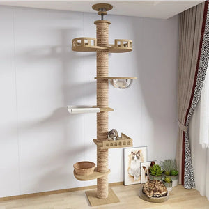 Adjustable Cat Tree House Tower Multi-function Floor To Ceiling Wooden House Tower Soft with Pet Condo Flannel Hammock Bed