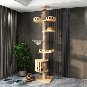 Adjustable Cat Tree House Tower Multi-function Floor To Ceiling Wooden House Tower Soft with Pet Condo Flannel Hammock Bed