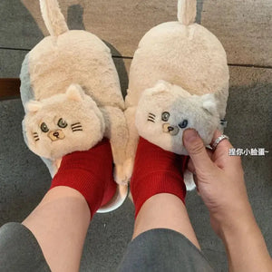 Cuddly Hug Cat Slippers Women Men Winter Home Slides Kawaii Floor Shoes Furry Slippers Girl White Mules Funny Cute Gift Slippers