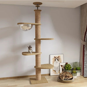 Adjustable Cat Tree House Tower Multi-function Floor To Ceiling Wooden House Tower Soft with Pet Condo Flannel Hammock Bed