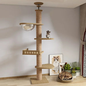 Adjustable Cat Tree House Tower Multi-function Floor To Ceiling Wooden House Tower Soft with Pet Condo Flannel Hammock Bed