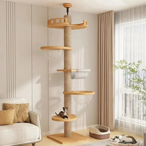 Adjustable Cat Tree House Tower Multi-function Floor To Ceiling Wooden House Tower Soft with Pet Condo Flannel Hammock Bed