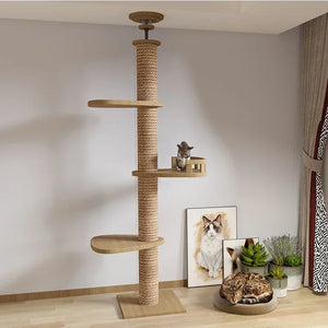 Adjustable Cat Tree House Tower Multi-function Floor To Ceiling Wooden House Tower Soft with Pet Condo Flannel Hammock Bed