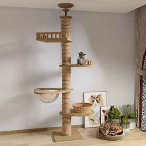 Adjustable Cat Tree House Tower Multi-function Floor To Ceiling Wooden House Tower Soft with Pet Condo Flannel Hammock Bed