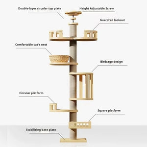 Adjustable Cat Tree House Tower Multi-function Floor To Ceiling Wooden House Tower Soft with Pet Condo Flannel Hammock Bed